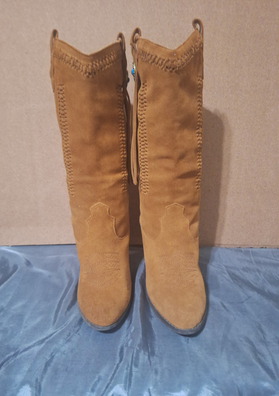 Reba Hades Brown Suede Leather Fringe Cowboy Boots Heeled US 7 Western Boho